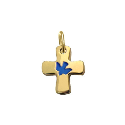 Croix colombe/bleu - laiton 3µm Plaqué Or - 16mm