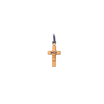 Croix ICTUS sur cordon - bois d'olivier/bleu - 3cm