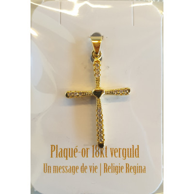 Pendentif croix coeur avec pierre zircone blanc - 20mm - Plaqué-or 3um