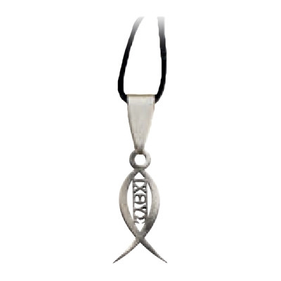 Pendentif Ichthus/découpé - lacet en caoutchouc - 25mm/inox