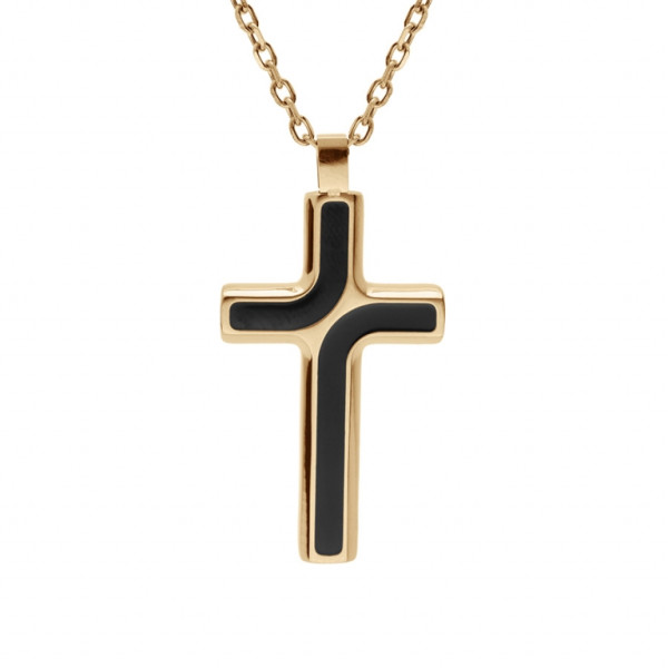 COLLIER ACIER ET PVD JAUNE CHAINE FORCAT AVEC PENDENTIF CROIX 35 X 25MM ET RESIN