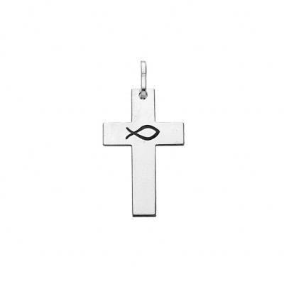 PENDENTIF ARGENT RHODIE CROIX GRAVURE ICHTHUS (POISSON)