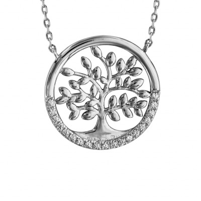COLLIER ARGENT RHODIE ARBRE DE VIE OXYDES BLANCS SERTIS 40+5CM
