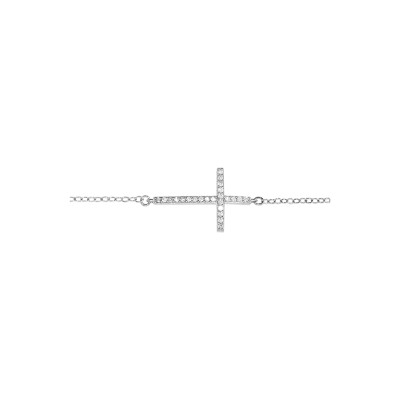 BRACELET ARGENT RHODIE GRANDE CROIX COUCHEE OXYDES MICRO SERTIS 16+2CM