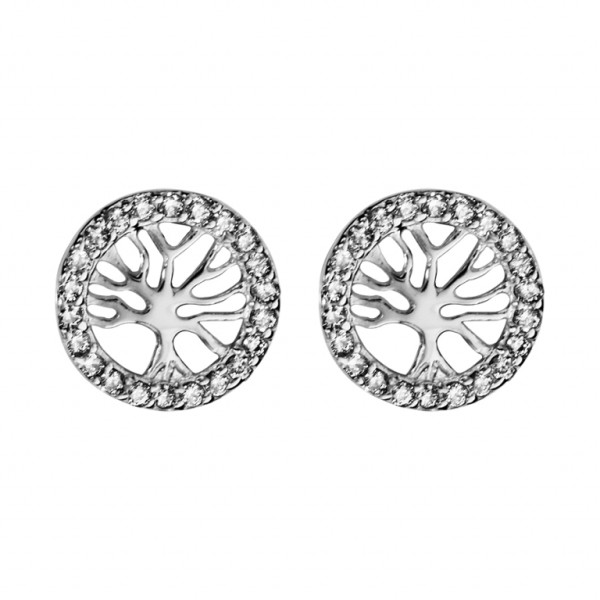 BOUCLES D'OREILLES TIGE ARGENT RHODIE ARBRE DE VIE OXYDES BLANCS SERTIS