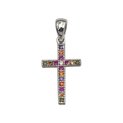 PENDENTIF CROIX ARGENT RHODIE EMPIERREE MULTI COULEUR DIM 15 MM X 9 MM