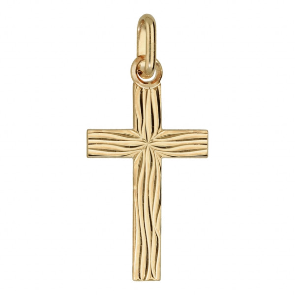 PENDENTIF MOYENNE CROIX PLAQUÉ OR "GRAVURE ASPECT BOIS"