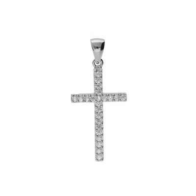 PENDENTIF ARGENT PLATINÉ CROIX AVEC OXYDES BLANCS 25 X 14MM