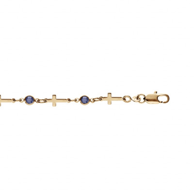 BRACELET PLAQUÉ OR CROIX ET OXYDES BLEUS 16+3CM
