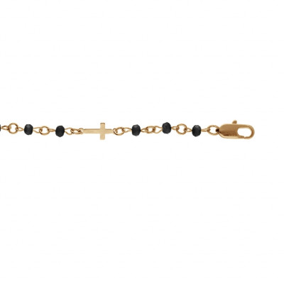 BRACELET PLAQUÉ OR CROIX ET PERLES SYNTHETIQUE NOIRES 16+3CM 