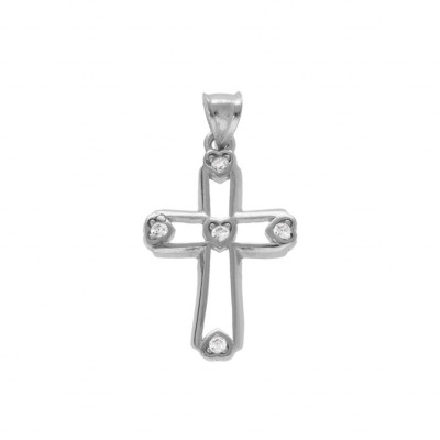 PENDENTIF ARGENT RHODIÉ CROIX 20X12MM AJOURÉE AVEC OXYDES BLANCS