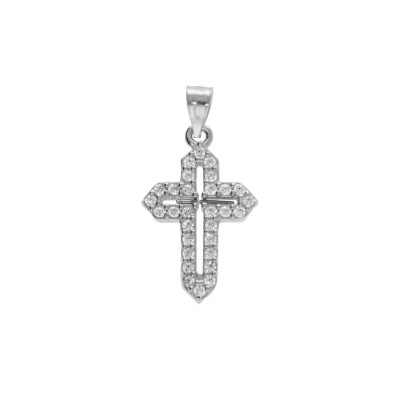 PENDENTIF ARGENT RHODIÉ CROIX 15X10MM OXYDES BLANCS SERTIS