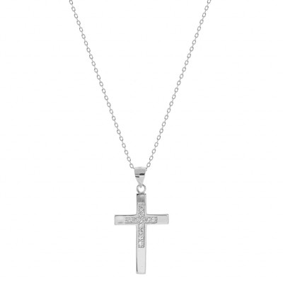 COLLIER ARGENT RHODIÉ PENDENTIF CROIX OXYDES BLANCS 40+2+2CM 