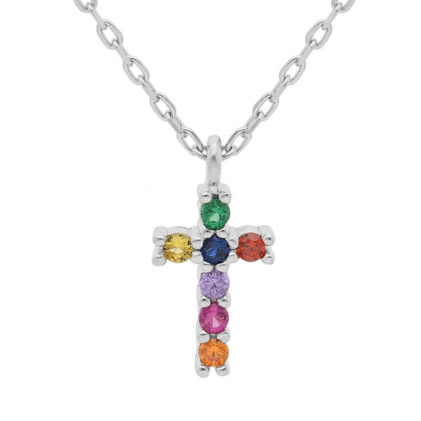 COLLIER ARGENT RHODIÉ PENDENTIF CROIX PIERRES SYNTHETIQUE MULTI COULEURS 44CM RE