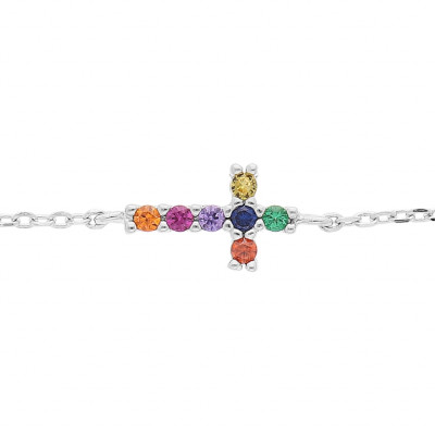 BRACELET ARGENT RHODIÉ CROIX PIERRES SYNTHETIQUE MULTI COULEURS 16+3CM 