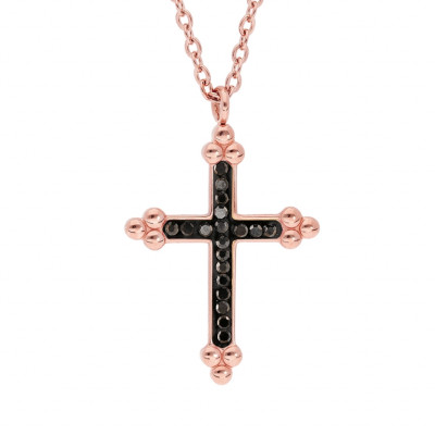 COLLIER ACIER ET PVD ROSE CROIX RÉSINE NOIRE ET PIERRES NOIRES SYNTHETIQUE 45+5CM 