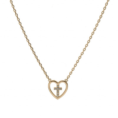 COLLIER PLAQUÉ OR COEUR AVEC CROIX OXYDES BLANCS SERTIS 38+4CM 