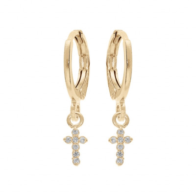 BOUCLES D'OREILLES CRÉOLES PLAQUÉ OR ARTICULÉE PAMPILLE CROIX OXYDES BLANCS SERTIS