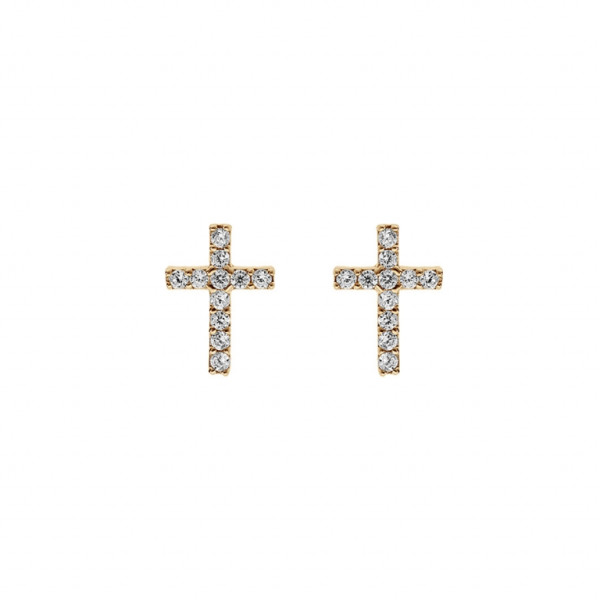 BOUCLES D'OREILLES TIGE PLAQUÉ OR CROIX OXYDES BLANCS SERTIS 