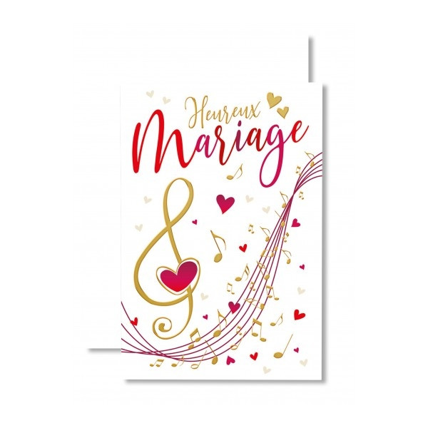 Carte Heureux Mariage Note de musique dorée et cœurs rouges