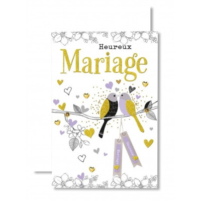 Jolie Carte double heureux Mariage couple d'oiseaux violet et noir dorés 