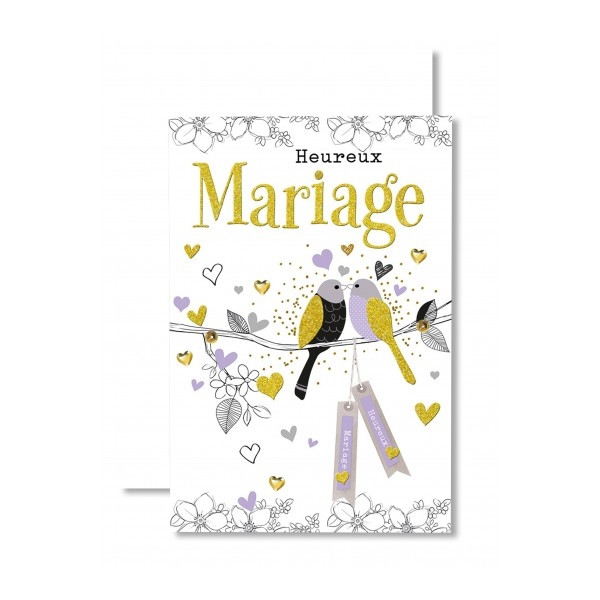 Carte Heureux Anniversaire de mariage Couple d'oiseaux violet et noir dorés