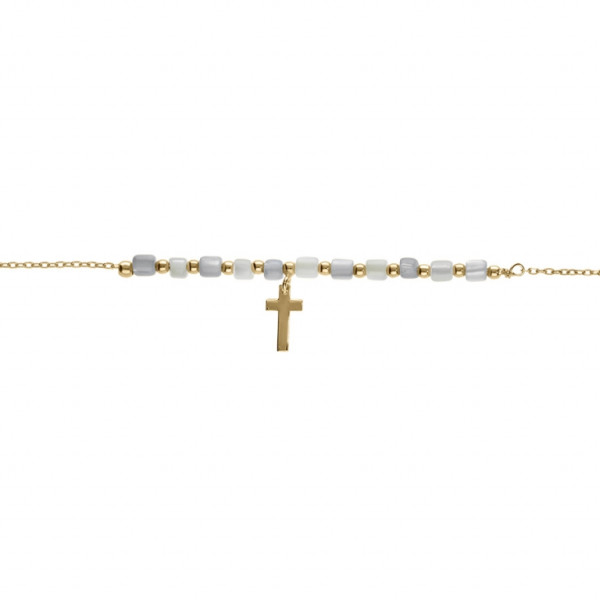 BRACELET ARGENT DORÉ PAMPILLE CROIX AVEC PERLES NACRE VÉRITABLE BLANCHE ET TEINT