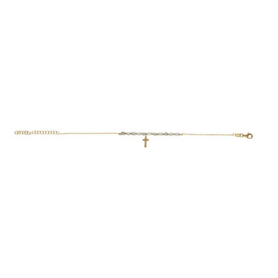 BRACELET ARGENT DORÉ PAMPILLE CROIX AVEC PERLES NACRE VÉRITABLE BLANCHE ET TEINTÉE BLEU 16+3CM