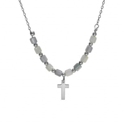 COLLIER ARGENT RHODIÉ CROIX AVEC PERLES NACRE VÉRITABLE BLANCHE ET TEINTÉE BLEU 40+5CM