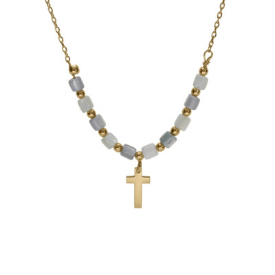 COLLIER ARGENT DORÉ CROIX AVEC PERLES NACRE VÉRITABLE BLANCHE ET TEINTÉE BLEU 40+5CM