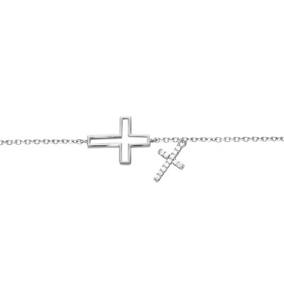 BRACELET ARGENT RHODIÉ DOUBLE CROIX LISSE AVEC PAVAGE OXYDES BLANCS 16+2CM