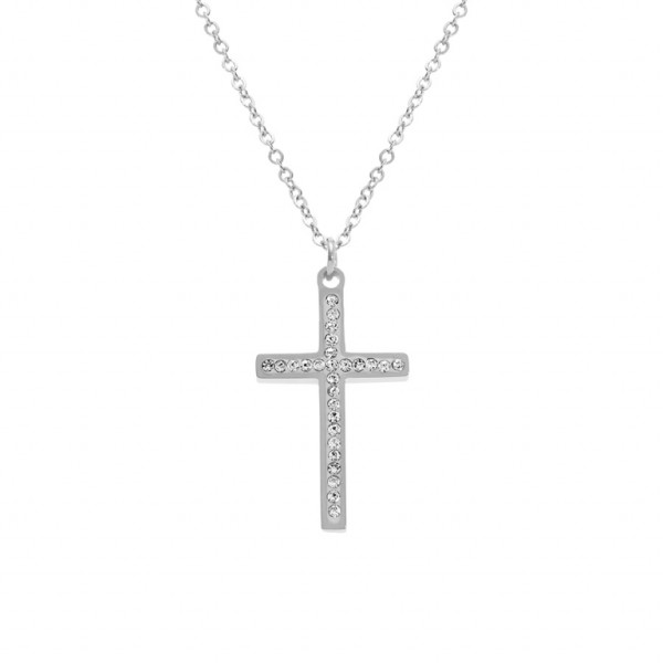 COLLIER ACIER CROIX ET STRASS 40+5CM