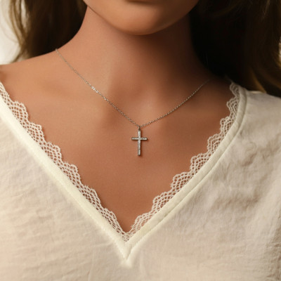 COLLIER ACIER CROIX ET STRASS 40+5CM