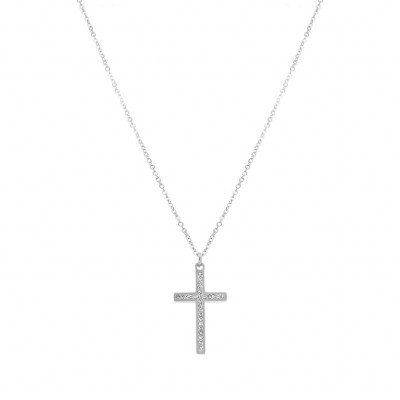 COLLIER ACIER CROIX ET STRASS 40+5CM