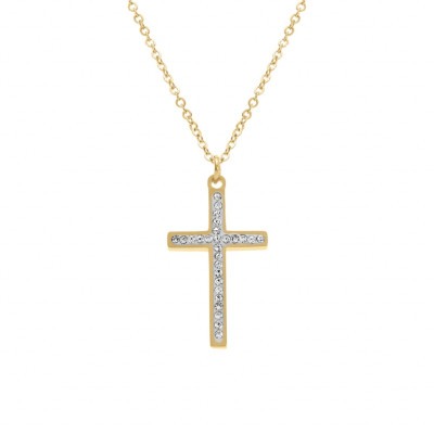 COLLIER ACIER DORÉ CROIX ET STRASS 40+5CM