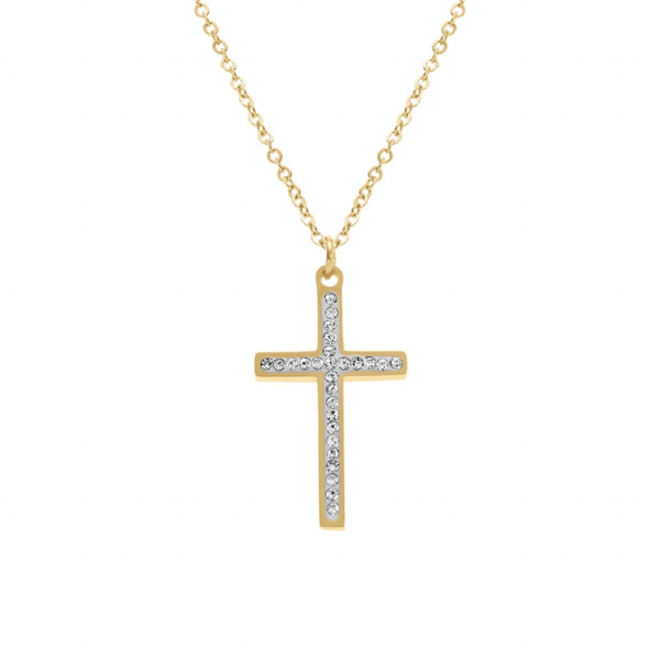 COLLIER ACIER DORÉ CROIX ET STRASS 40+5CM
