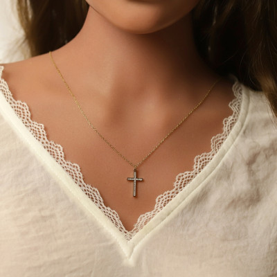 COLLIER ACIER DORÉ CROIX ET STRASS 40+5CM