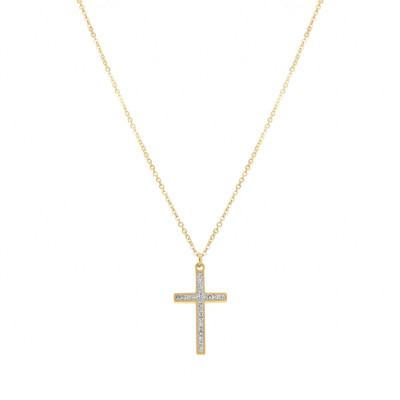 COLLIER ACIER DORÉ CROIX ET STRASS 40+5CM