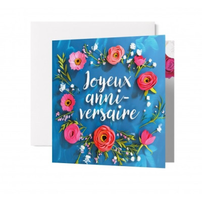 Jolie carte double carrée Couronne de fleurs sur fond bleu "Joyeux Anniversaire".