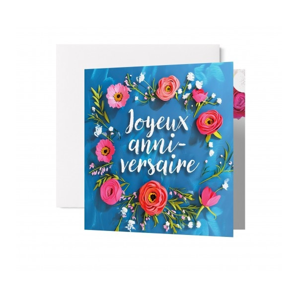 Carte double Anniversaire Couronne de fleurs sur fond bleu