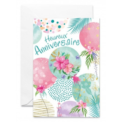 Cartes Heureux Anniversaire Cercles fleuris colorés avec feuilles vertes dorées