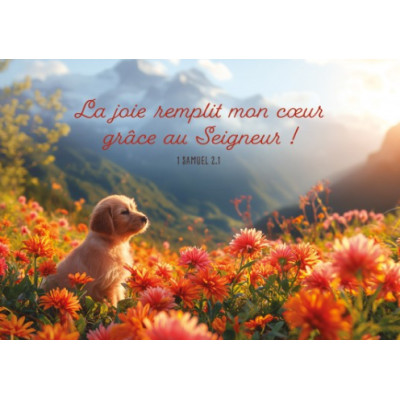 Carte avec verset Chiot assis dans un champ de fleur dans la montagne