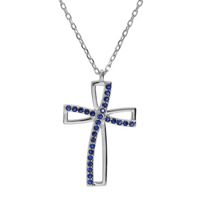 COLLIER ARGENT RHODIÉ PENDENTIF CROIX OXYDE BLEU SERTI 40+5CM 