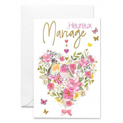 Carnet Heureux Mariage  Couple d'oiseaux au milieu d'un coeur fleuri rose