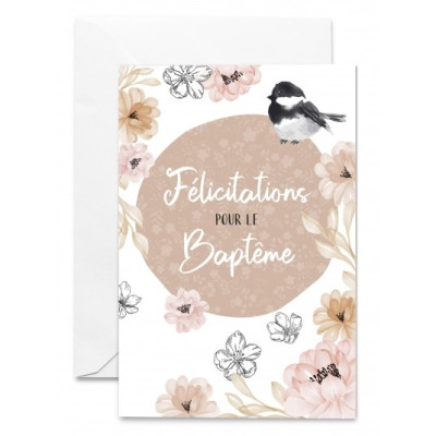 Carte Baptême Fleurs vintages et oiseau