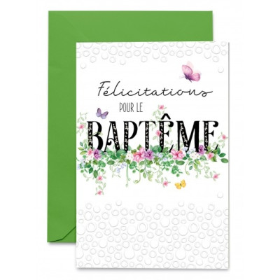 Carte Baptême Branche de fleurs colorées et papillons