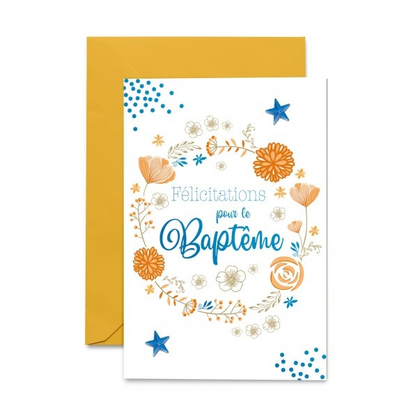 Carte Baptême Couronne de fleurs oranges et étoiles