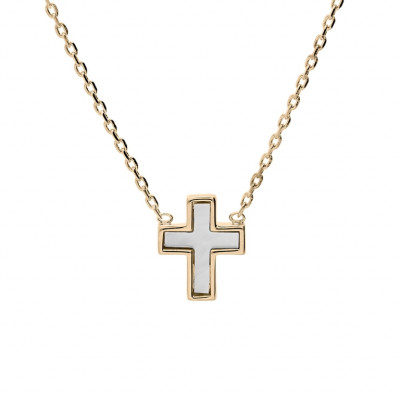 COLLIER PLAQUÉ OR CROIX NACRE BLANCHE 38+4CM