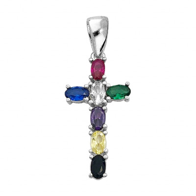 PENDENTIF CROIX ARGENT RHODIE EMPIERREE MULTI COULEUR DIM 25 MM X 13 MM