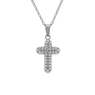 COLLIER ACIER PENDENTIF CROIX 15 X 10MM OXYDES BLANCS SERTIS 42+5CM